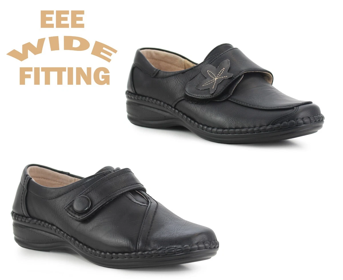 Womens Extra Wide Fit Loafers EEE Fitting Touch Fasten Formal Office Pumps Shoes