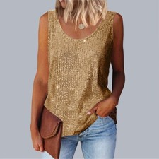 Ladies Glitter Sequins Tanks Tops Party Scoop Neck Blouse Summer Tee Shirts Vest