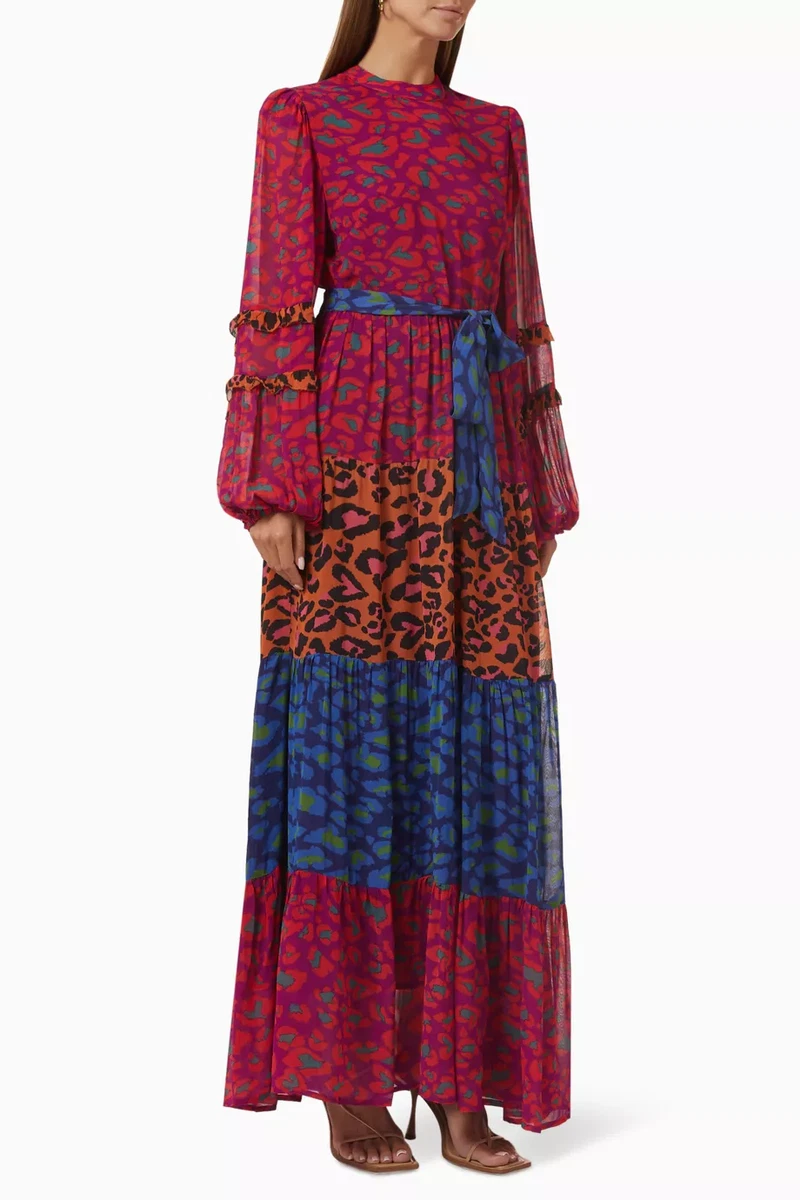 Farm Rio Mixed Leopard Pop Maxi Dress S Small Print Long Sleeve Belted 325