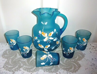 Victorian Hand Painted Enameled Blackberry Ice Blue Pitcher & Glasses Water Set
