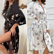 Womens Butterfly Print Belted Bride Party Satin Long Kimono Robes Sleepwear Gown