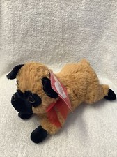 PLUSH STUFFED DOG LAYING 12" BROWN W/ BLACK EYES NOSE  PAWS RED BOW NWT
