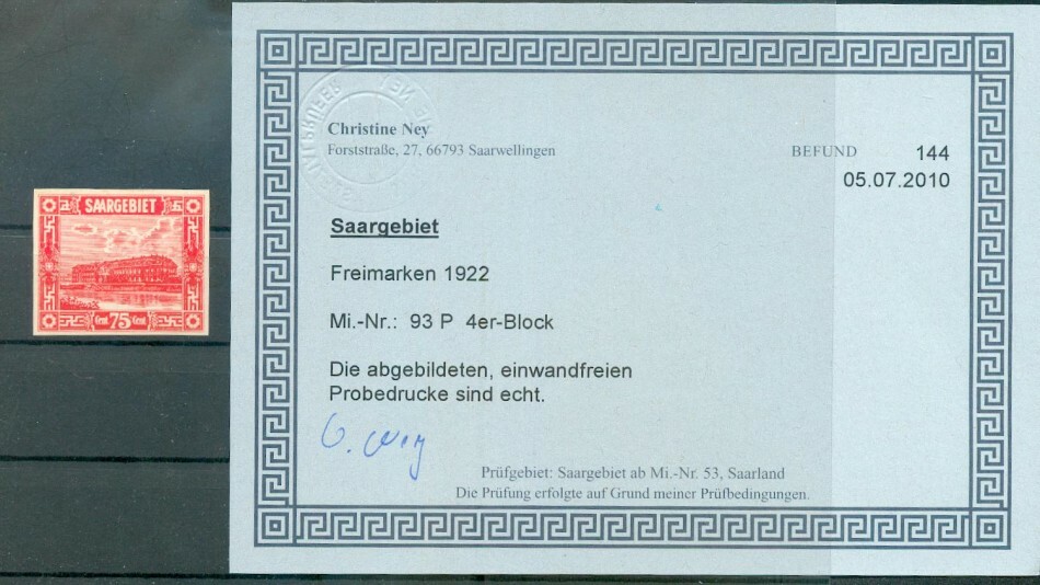 Saar 93P Proof Copy Certificate ex VB** MNH Mint Never Hinged (70553)