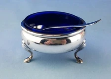 Sterling Frank Whiting George II Repro Open Salt w Cobalt Glass Liner & Spoon
