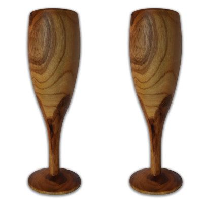 2er Set handgefertigte Teakholz Sektgläser - elegante Naturholzgläser