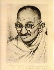 Elias M. Grossman, Gandhi, Etching, signed and dedicated in pencil by Mrs. Elias