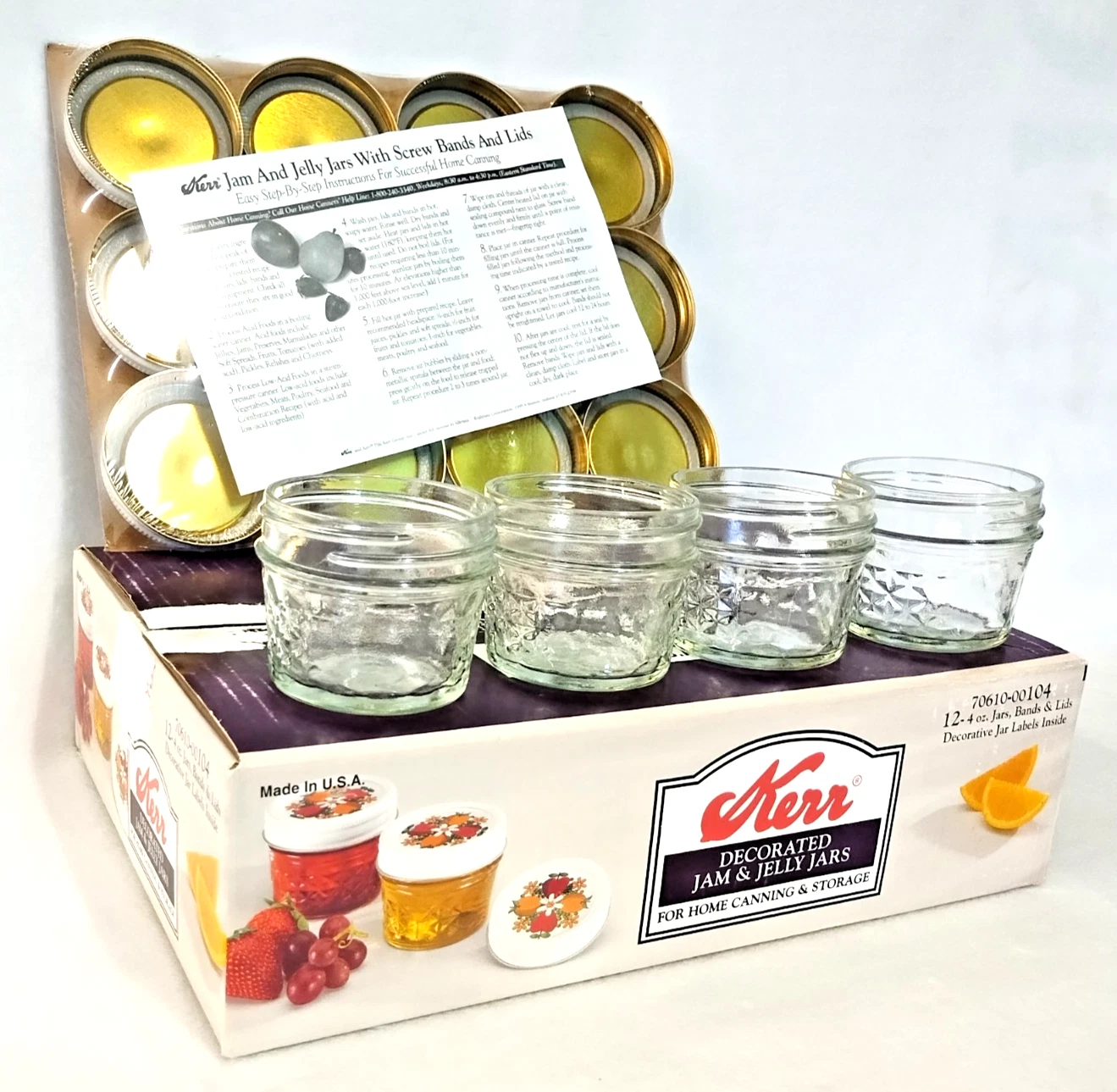 Vtg Kerr Decorated Jam & Jelly Jars & Lids 4 Oz. Case of 12 NOS USA