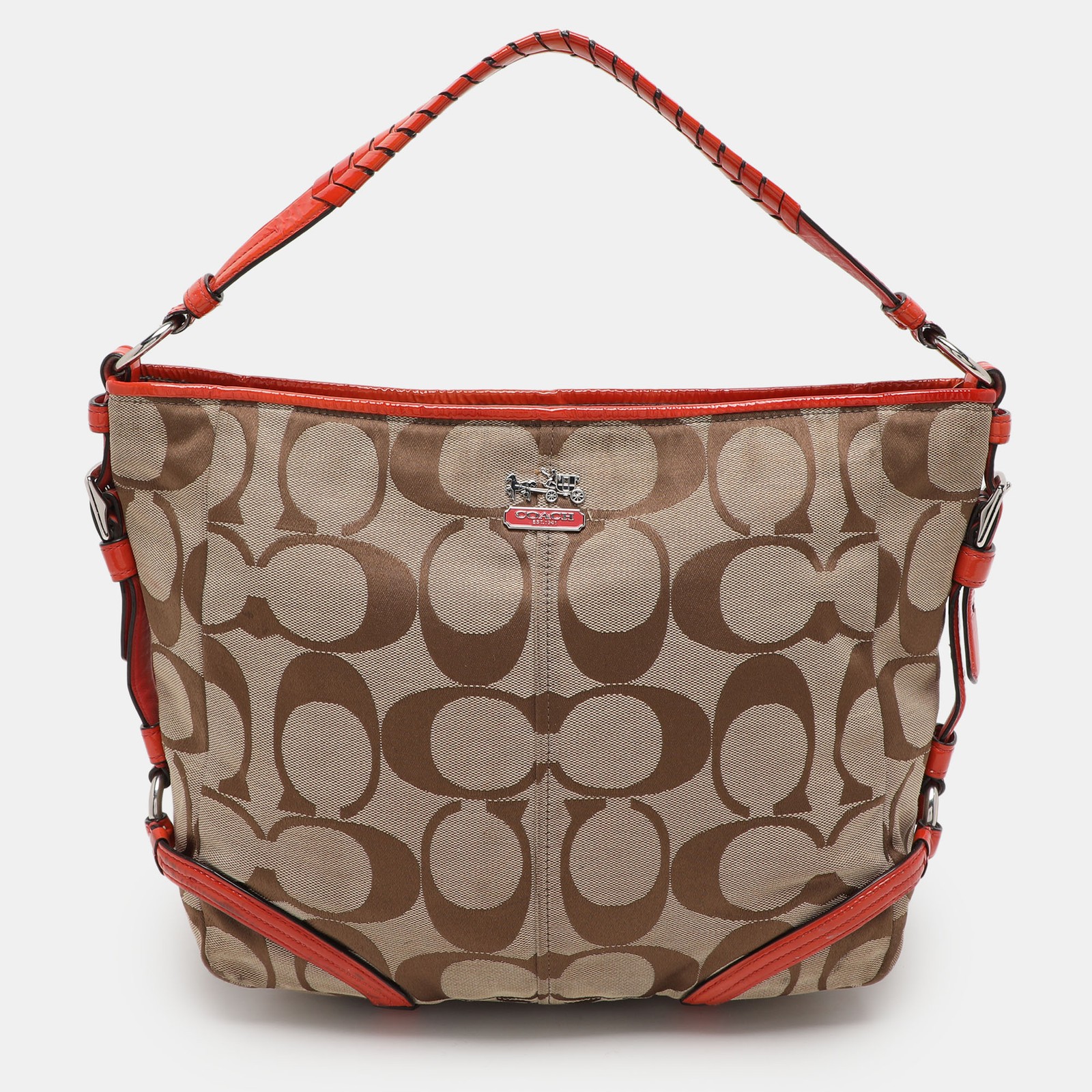 Coach Signature Canvas Katarina Hobo in Beige & Orange Patent Leather  