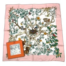 Excellent HERMES Carr 90 Silk Scarf Au C ur des Bois Pink With Box