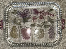 Vintage Colorful Glass Rectangular Serving Dish/Tray with Fruit Carvings