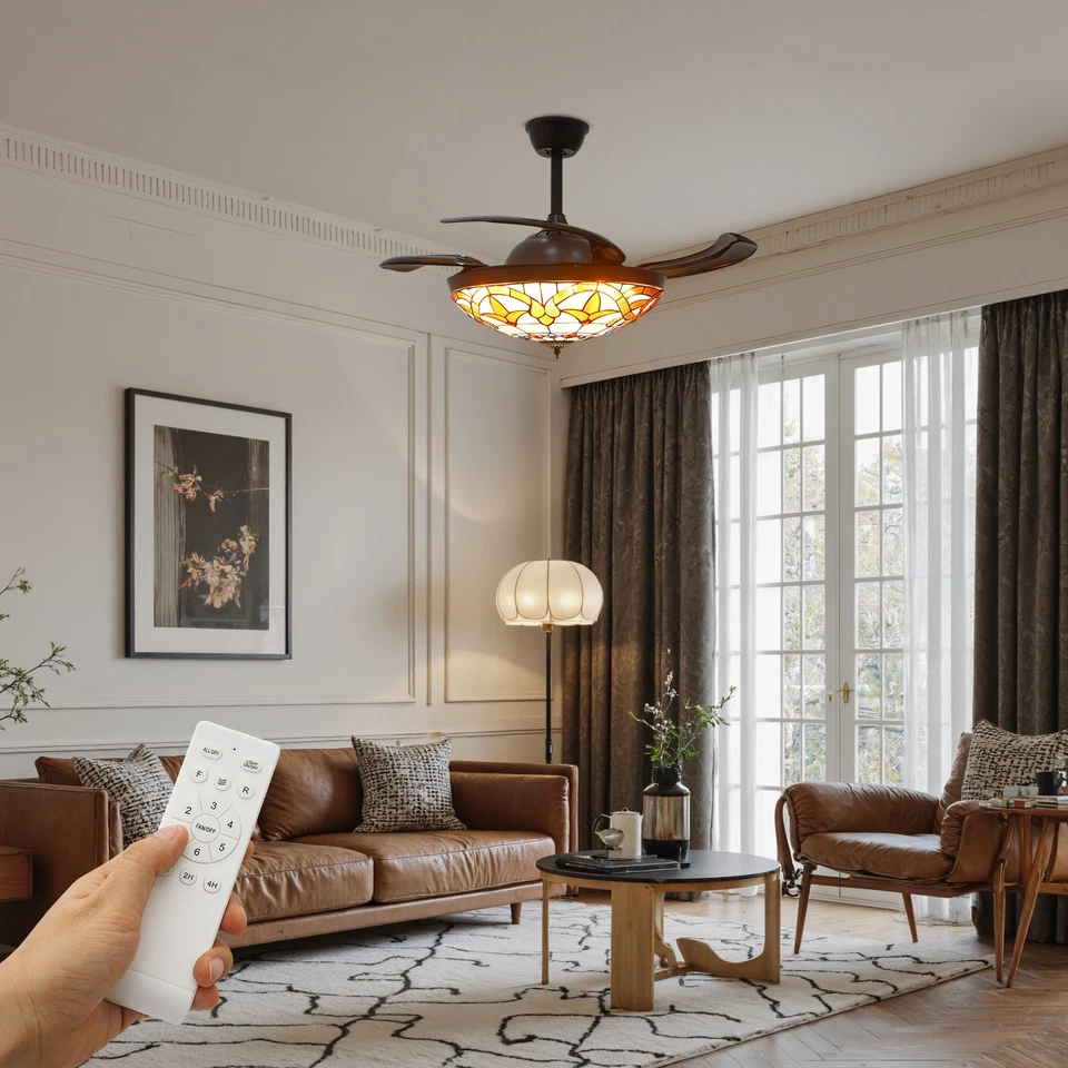 Tiffany Ceiling Fan with Light Glass Shade LED Retractable Chandelier Stained - Image 3 of 4