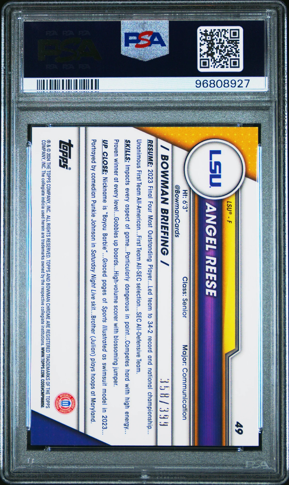 2023 Bowman University Chrome Angel Reese Purple Diamond /399 Rookie PSA 9 LSU view 2