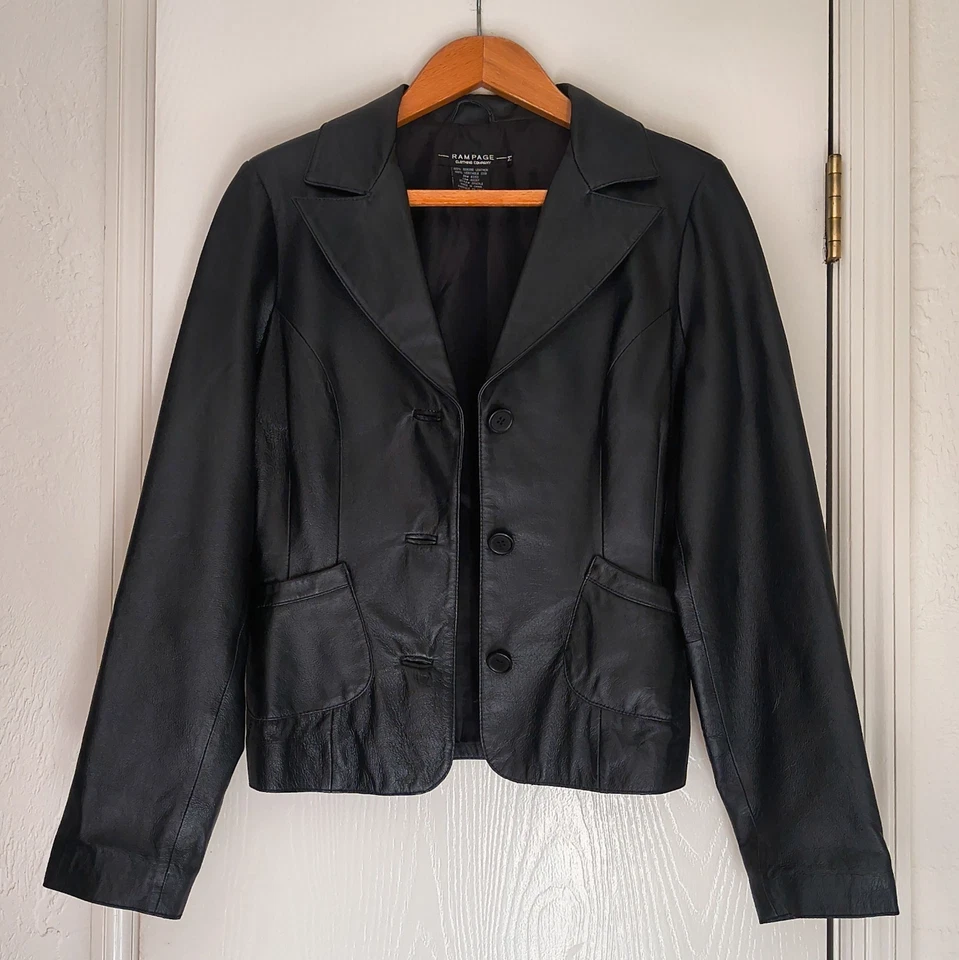 Chaqueta Mediana Negra Cuero Genuino RAMPAGE Forrada Bolsillos Cuello Softshell Foto 3 de 4