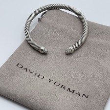 David Yurman Sterling Silver 5mm Pave Diamond Dome Tips Cable Classic Bracelet