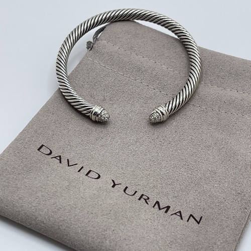 David Yurman Sterling Silver 5mm Pave Diamond Dome Tips Cable Classic Bracelet
