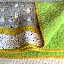 Handmade Gray Yellow Childrens Quilt Velour Backing Soft Cozy 46 x 52" Pink Dots