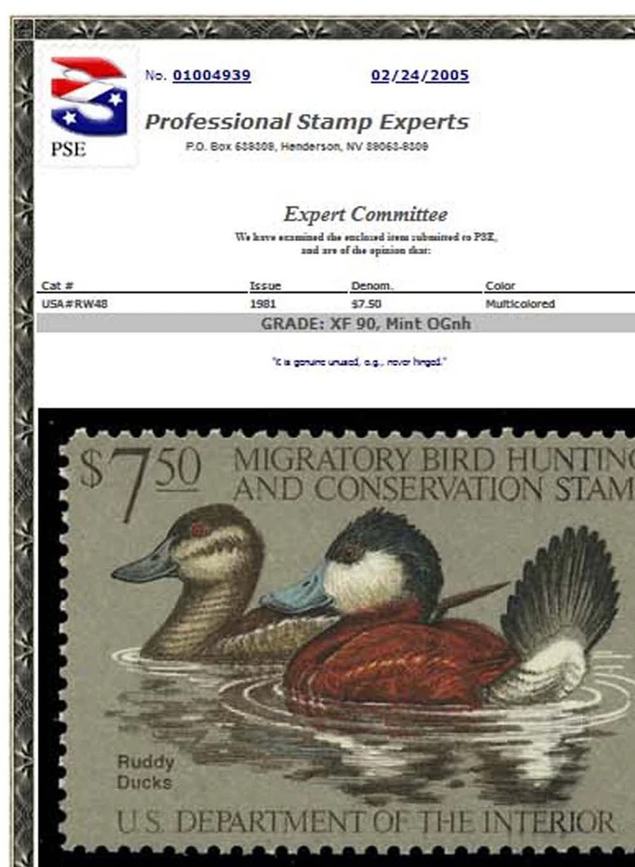 RW48 — 1981 Ruddy duck, XF 90 NH, PSE Certificate - Image 2 of 2