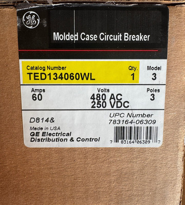 GE TED134060WL Circuit Breaker 3P 60A 480V New in Factory Box