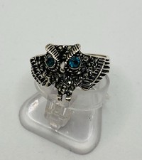 Vintage 925 Sterling Silver Ring Marcasite Owl With Green CZ On The Eyes Size 9