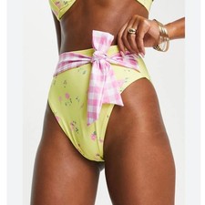ASOS Gingham Floral Tie High Waist Bikini Bottoms Yellow Retro Coquette 12 NWT
