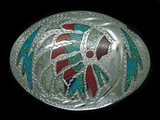 UA07165 NOS VINTAGE 1970s INDIAN CHIEF SOUTHWESTERN DESIGN ART BELT BUCKLE
