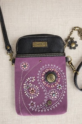 Chala Purple Black Crossbody Bag Floral Flower Accent Bag Charm Gold Hardware