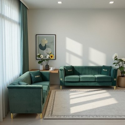 Modern Green Velvet 2-Piece Sofa Set w/ Gold Legs & Tufted Back, 3 Seater Couch