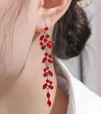 Pair Colorful Shiny Rhinestone Inlaid Leaf Design Long Dangle Earrings Bohemian 