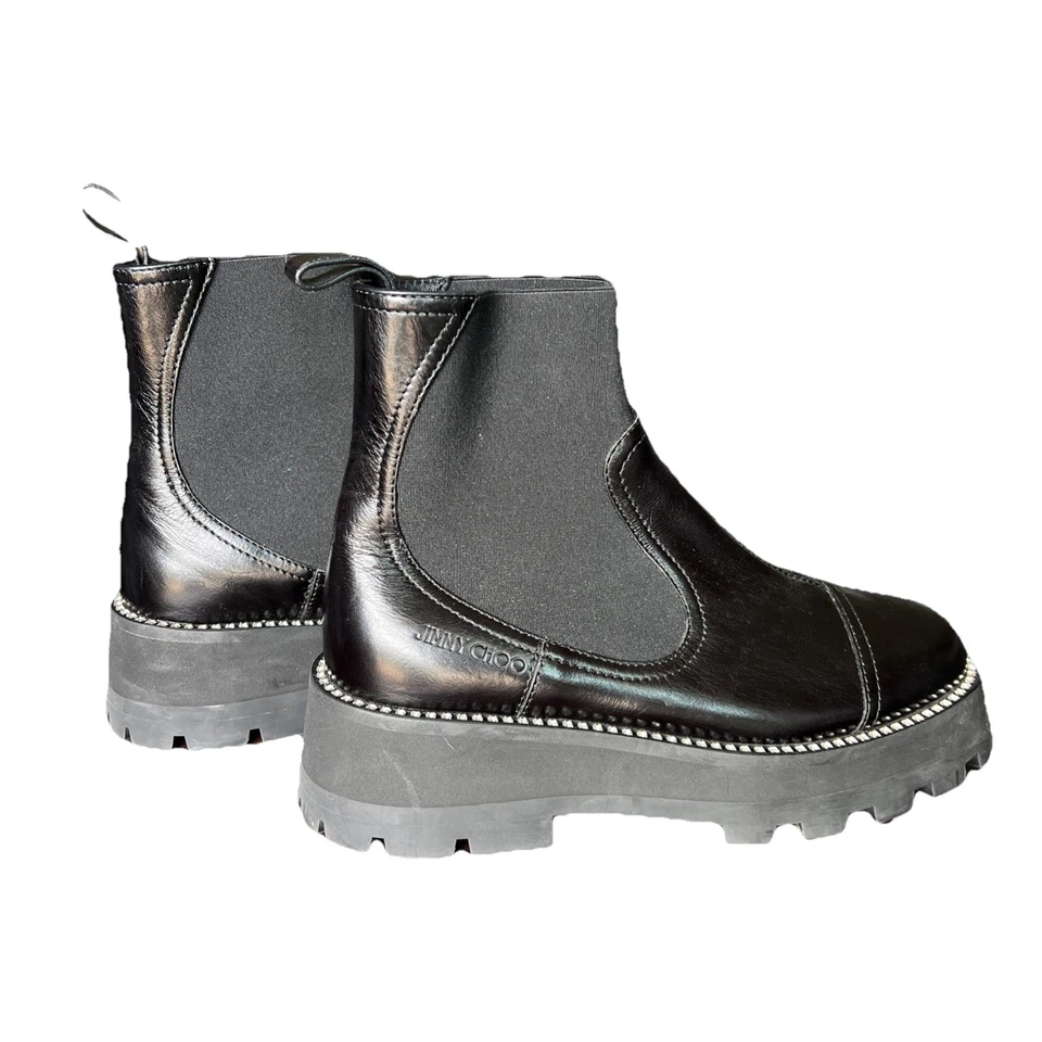 Jimmy Choo Clayton Black Leather Crystal Embellished Chelsea Boots Size US 5 - Image 2 of 4