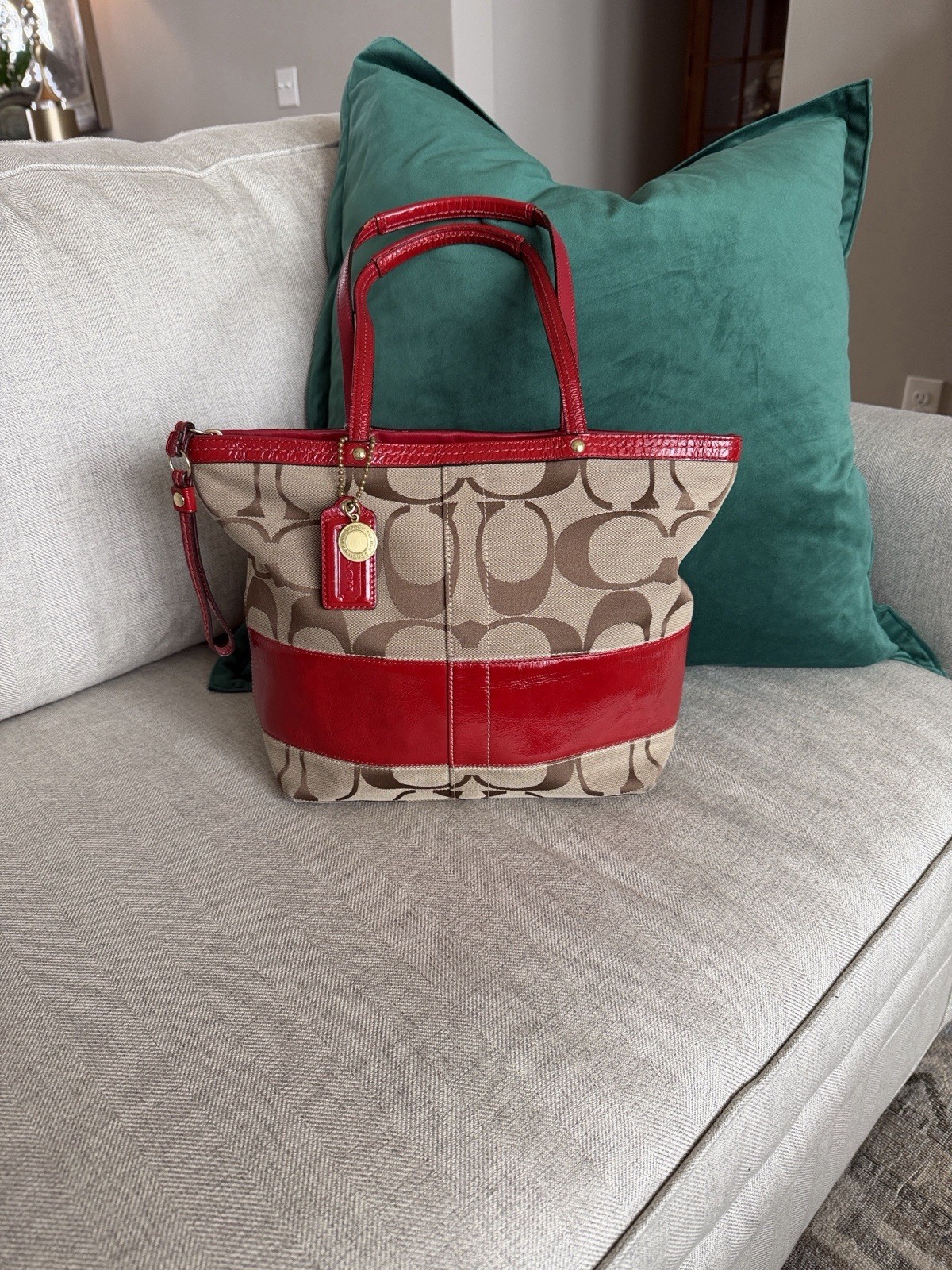 Coach Signature Canvas And Leather Tote Bag Red And Brown