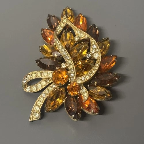 Vintage Eisenberg Ice Leaf Brooch Pin Amber Brown Rhinestone Gold Tone Signed