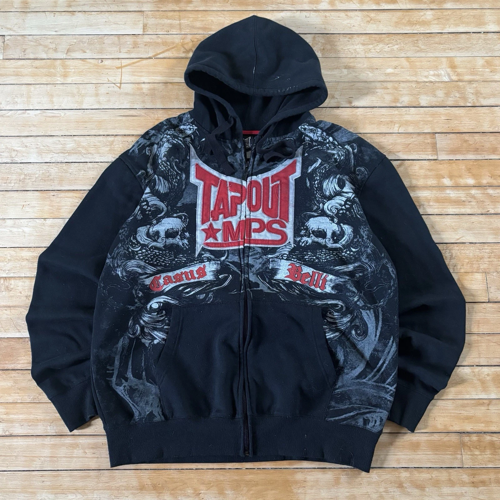 VTG Tapout Full Zip Hoodie Sweatshirt Skull AOP Spellout Size L Grunge Pinkman