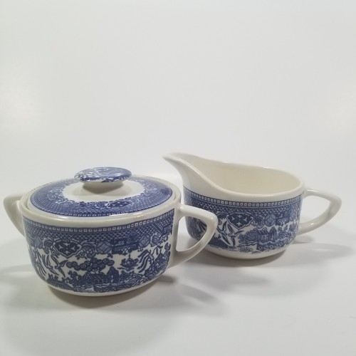Blue Willow Ware Creamer & Covered Sugar Bowl Set Vintage Birds Trees Deco - Picture 5 of 8