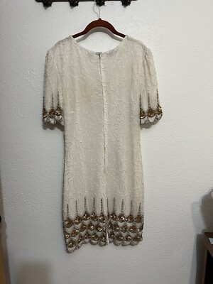 Vintage Petite Large Ivory Gold Sequin Dress Formal Wedding Gatsby Art Deco  | eBay