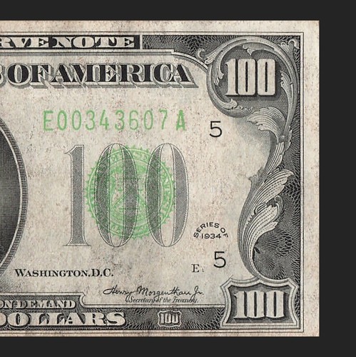 Lime Green Seal 1934 Richmond One Hundred Dollar Bill E00343607A E1 Back 80 - Picture 6 of 11