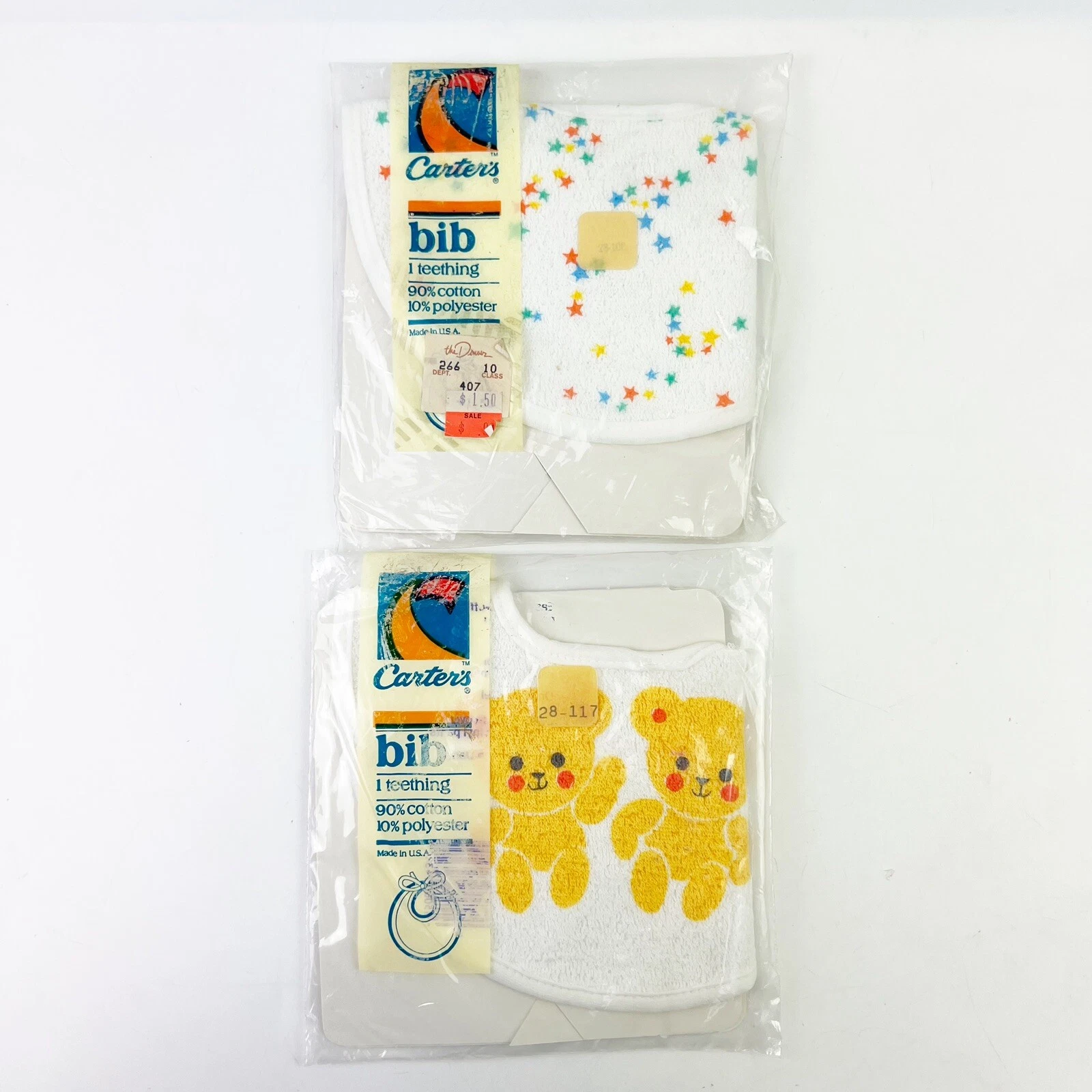 2 Vintage Carter's Teething Bibs Stars Teddy Bear Cotton Blend USA Made New Prop