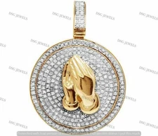 14K Yellow Gold Plated Praying Hand Medallion Charm Pendant 1 CT Moissanite 1.5"