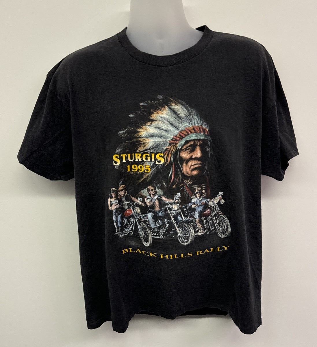 Vtg 3D Emblem T-Shirt XLarge Sturgis 1995 Black Hills Rally Native