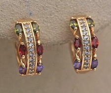 New 18K Yellow Gold Filled Double Row Multicolor Marquis CZ Huggie Hoop Earrings
