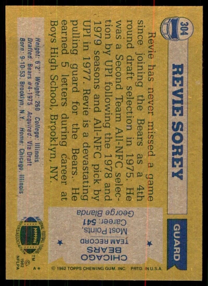 1982 Topps Revie Sorey Chicago Bears #304. - Image 2 of 2