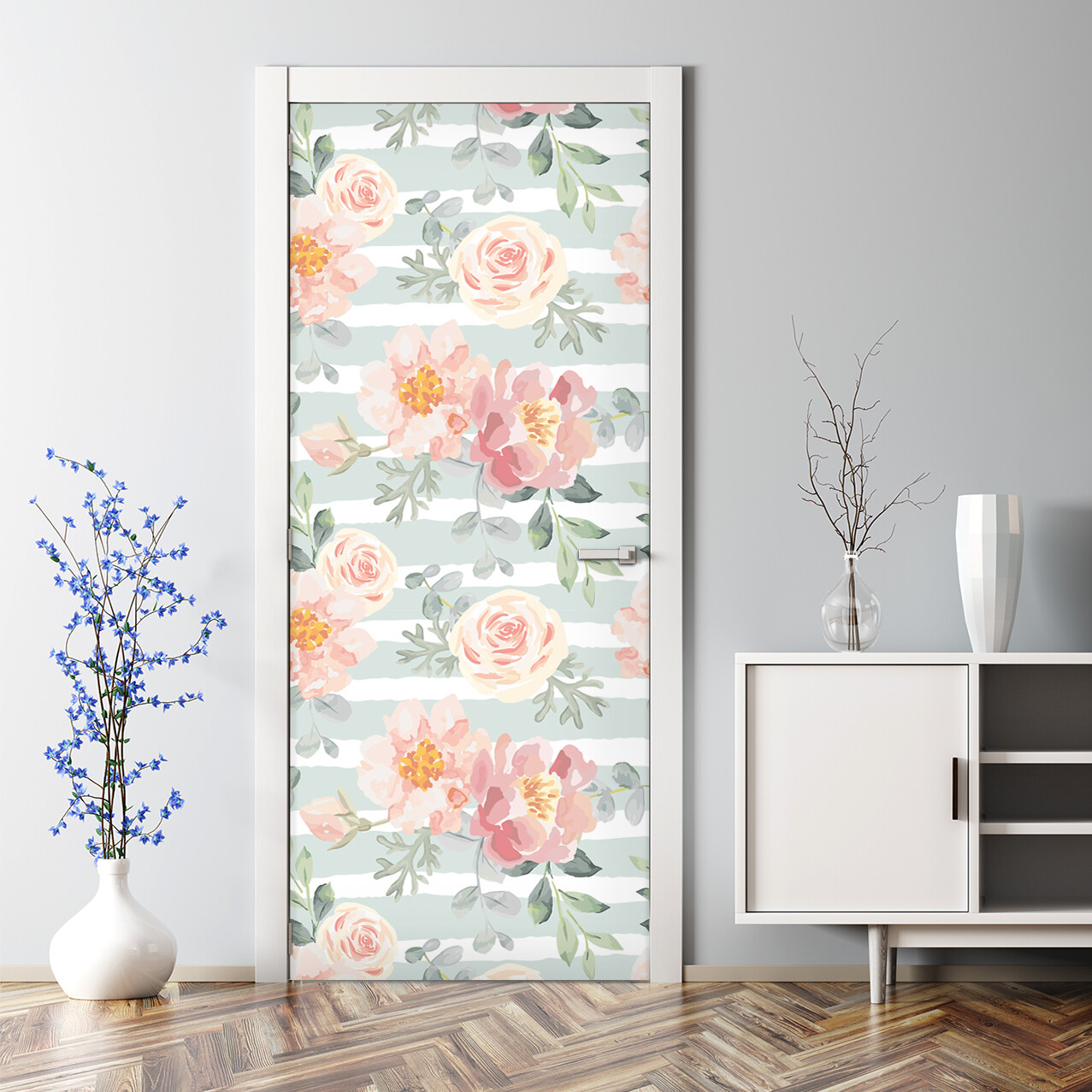 Watercolor Pink Floral Adhesive Door Sticker Decorative Vinyl Art  