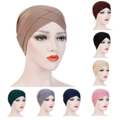 Women Muslim Stretch Turban Hat Chemo Cap Hair Loss Head Scarf Wrap Cover Plain