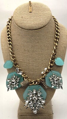 Vintage Gestempelt BaubleBar Goldfarben Grün Klar Strass 22 '' Halskette