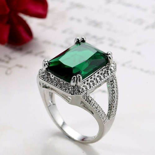 Excellent Rectangle Fire Green Quartz Gems Silver Rings Size 6~10 Holiday Gifts - Picture 3 of 5