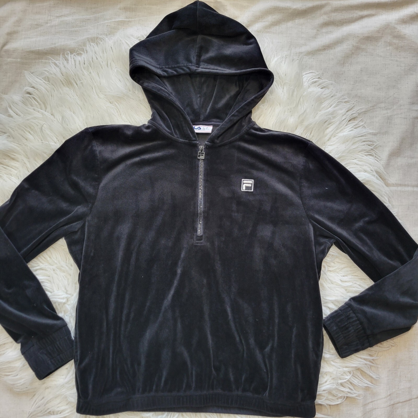 FILA felpa con cappuccio donna taglia XL nera manica lunga velluto 1 4 zip morbida lounge