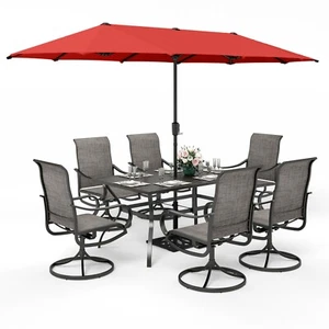 8 PCS Outdoor Dining Set Patio Furniture Metal Table and Chairs Set W/ Umbrella