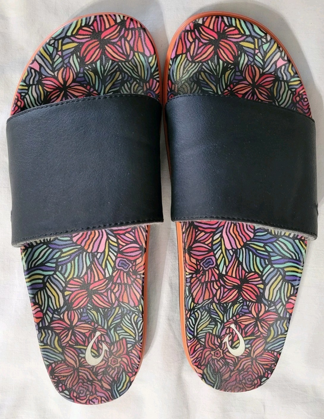 OluKai Slides Size 9 Pink Floral Footbed Black Upper Sandals 20406-40HQ-image