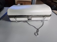 Vintage White Vinyl Clutch Purse with Silver Clasp and Silver Chain