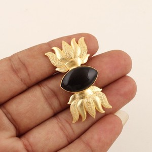 Authentic Gold Plated Black Oval Stone Lotus Ring Statement Floral Cocktail Ring for Women