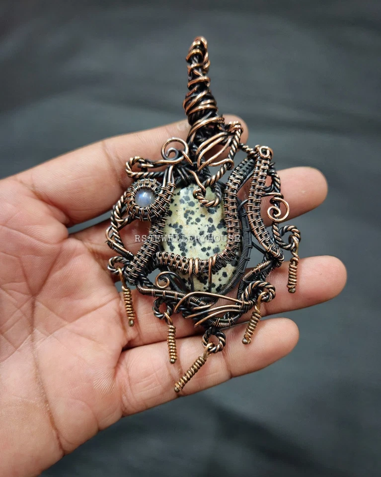 Colgante de jaspe dálmata piedras preciosas alambre de cobre envuelto colgante joyería para regalo Foto 3 de 4